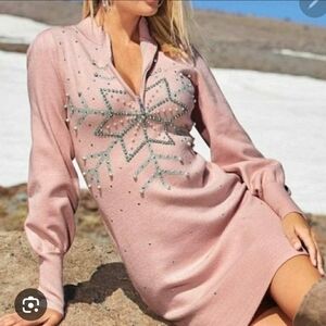 Boston Proper Pink Sweater Dress Silver Snowflake Faux Pearl Bead Design Size M